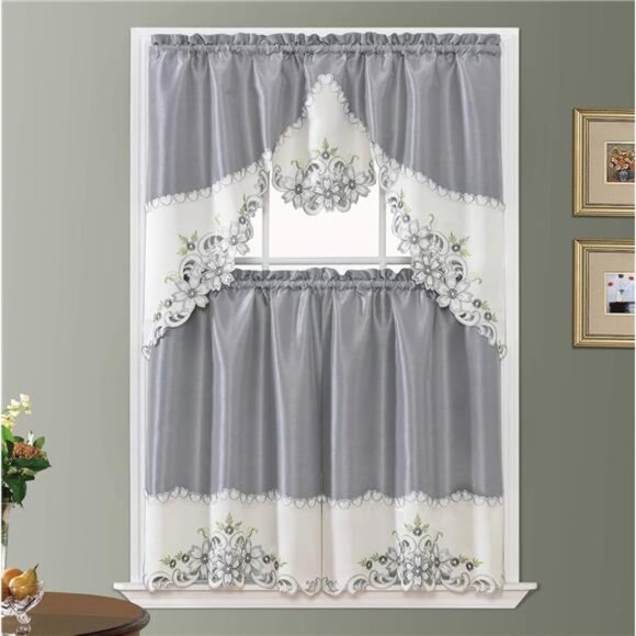 Arch Floral Kitchen Curtain Set/Swag Valance & Tier Set. Nice Matching Color - Picture 2 of 5